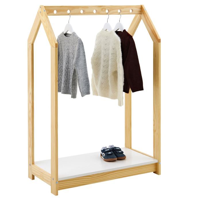 Portant enfant SALLY garde-robe enfant en pin massif montessori avec 1 étagère penderie en bois couleur naturelle et blanc