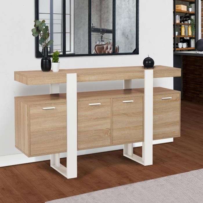 ID MARKET buffet PHOENIX 4 portes 160 cm Loft bois et blanc