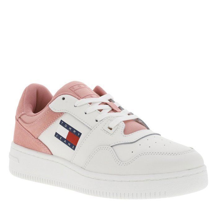 Tommy Jeans Baskets tennis en cuir rose plates avec lacets plats et logo de la marque