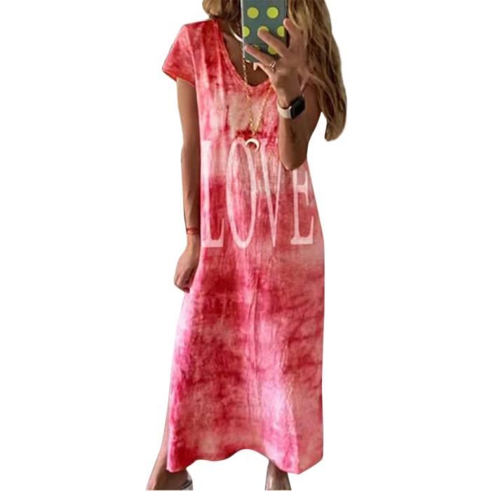 Robe d'été longue élégante pour femme - Robe de plage longue bohème - Robe d 'été - Tunique à manches courtes - Coton - Robe décontractée bohème - Robe de plage imprimée