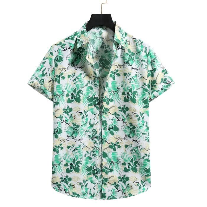 Chemise Hawaïenne Homme Manches Courtes Rayées - Imprimé Décontracté Col Mao Boutons Casual Été Plage