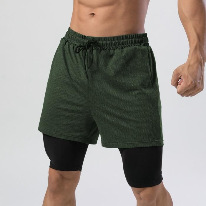 Short de Running Homme 2 en 1 Vert Respirant et Confortable