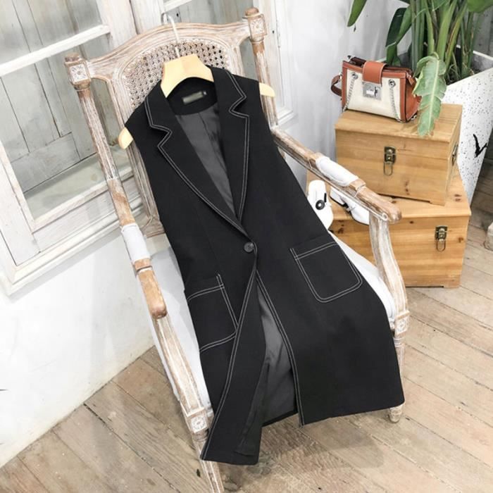 Femmes Gilet Blazer Sans Manches Unique Bouton Bureau Dame Gilet Outwear Automne Casual Solide Long Costume Veste Gilet Femme Noir Cdiscount Pret a Porter