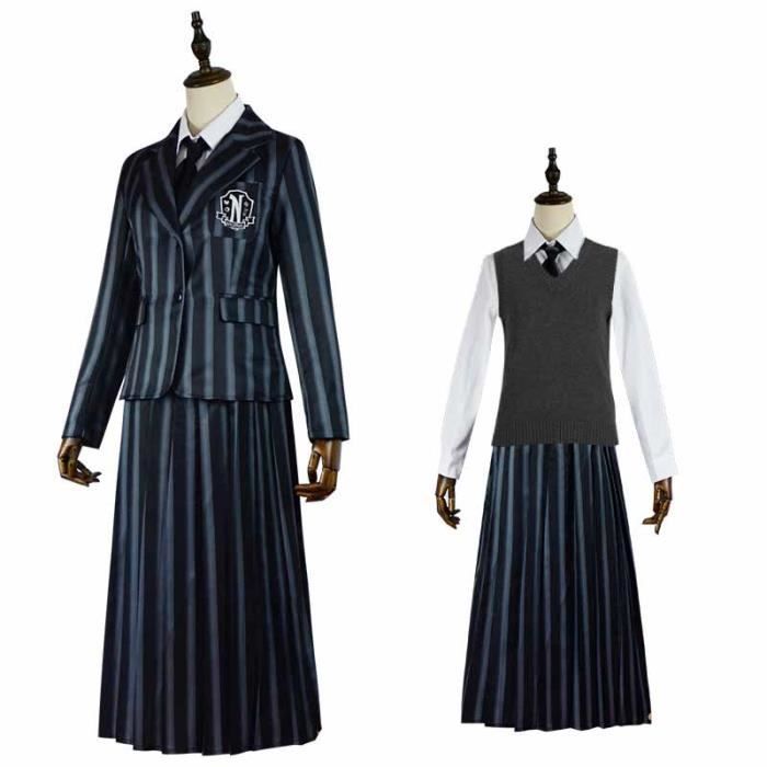 Costume Mercredi Addams Pour Femme - Robe Noire Gothique Avec Perruque, Ceinture, Chaussettes - Pour Cosplay, Halloween, Fêtes