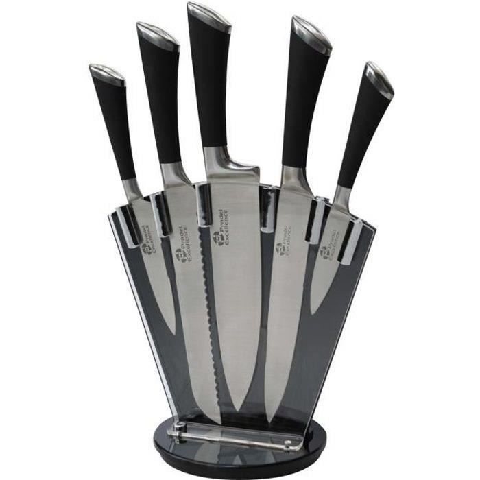 PRADEL Bloc de 5 couteaux Excellence - Lames en acier inoxydable et support plexiglas - Noir