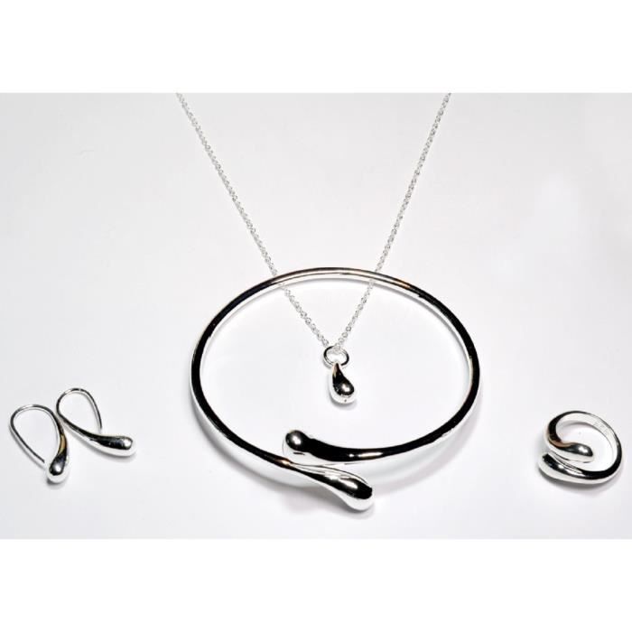 Parure Bijoux Goutte D’Eau – 4 Pièces (pendentif, Boucles, Bague, Bracelet), Argenté, Neuf Sans Emballage
