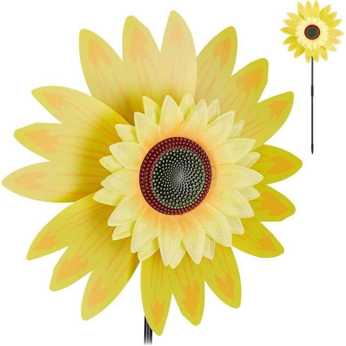 Décoration Jardin Tournesol Ikasus 36cm - Moulin à Vent Métal Coloré - Pour Pelouse, Terrasse, Extérieur