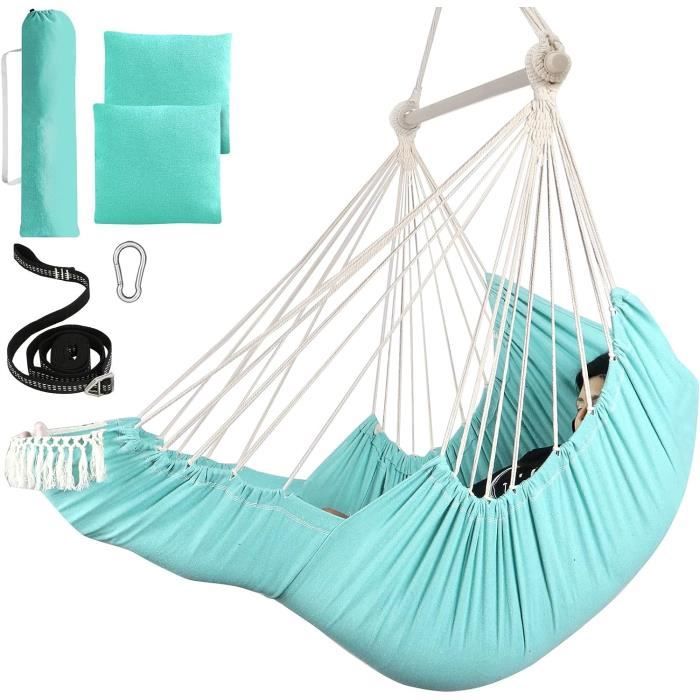 Hamac Siège Suspendu Avec Barre Bois & 2 Coussins - 120 Kg - Coton Doux Pour Jardin, Balcon, Terrasse Ou Intérieur