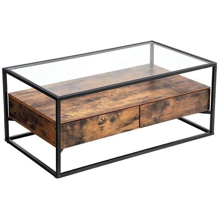 vasagle table basse style industriel, plateau en verre trempé, 2 tiroirs, table de salon rustique, armature en fer lct31bx
