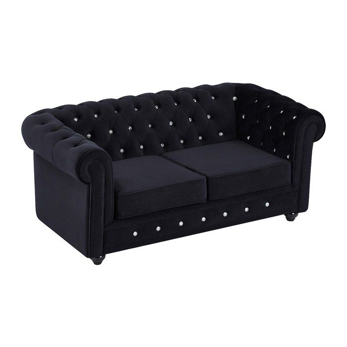 Canapé 2 places en velours noir et boutons effet cristal CHESTERFIELD