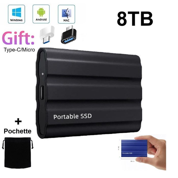 Disque Dur Externe SSD Portable 8TB 8To Haute Vitesse avec OTG Type C Micro + Pochette Sac de Stockage en Tissu
