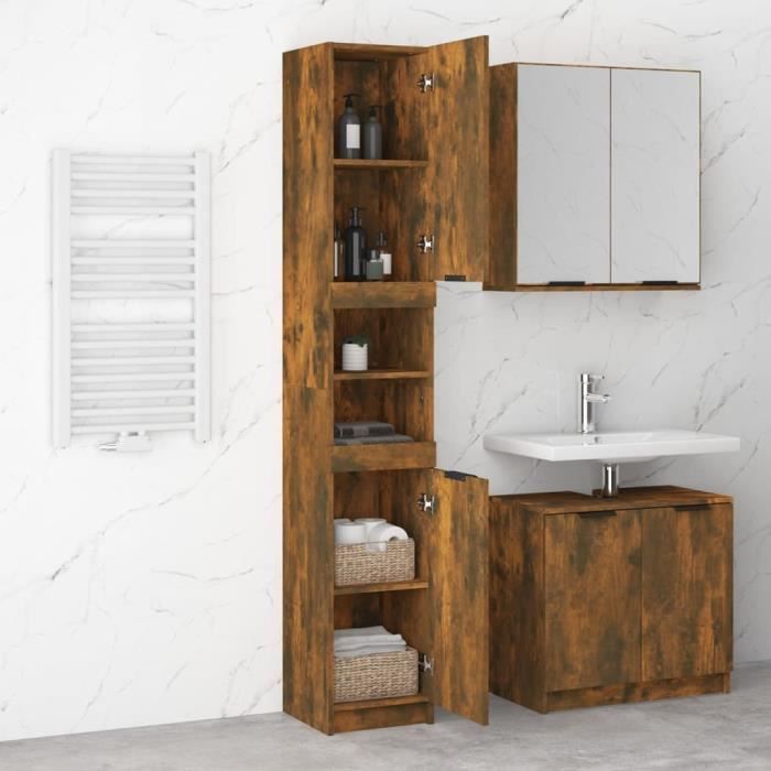 fhe - armoire de bain chêne fumé 32x34x188,5 cm bois d'ingénierie - haute qualite yosoo - dx0918