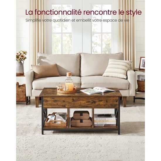 Table Basse Relevable WLIVE Avec Rangement - Table Salon Bois Et Métal 100x50x40cm