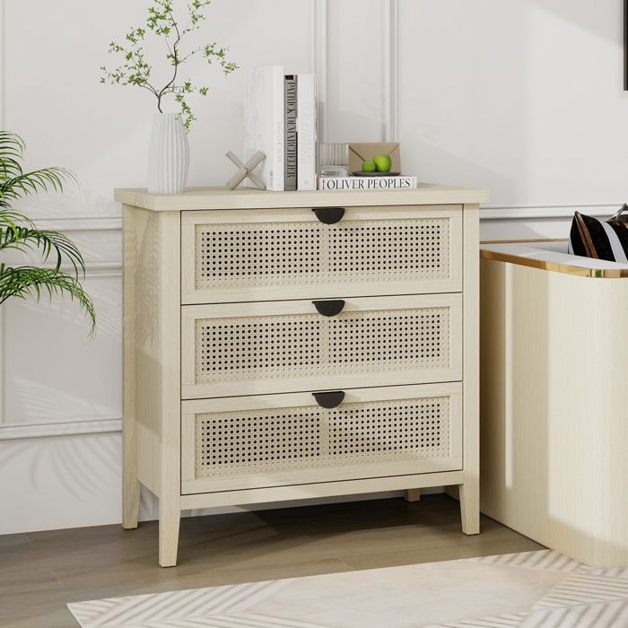 Finnhomy Commode en rotin pour chambre à coucher, grande commode avec 4 tiroirs décorés en rotin fait à la main pour chambre à coucher, petite table de chevet avec pieds en bois Finnhomy Commode en rotin pour chambre à coucher, grande commode avec 4 tiroirs décorés en rotin fait à la main pour chambre à coucher, petite table de chevet avec pieds en bois
