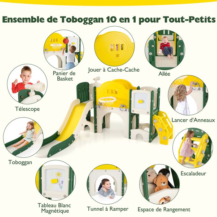 Toboggan Enfants 9 en 1 COSTWAY avec Tableau Magnétique, Télescope