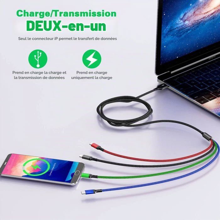 1.5M Câble De Charge Multi Usb 3A, Cordon De Chargeur 4 En 1 Avec Ports ...