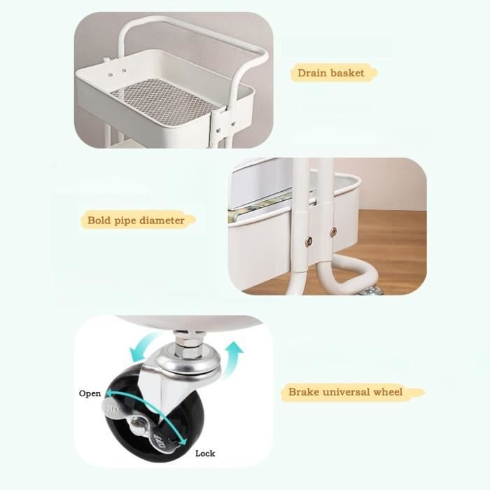 Desserte de cuisine à 5 niveaux acier - Chariot de service à roulettes -paniers métalliques