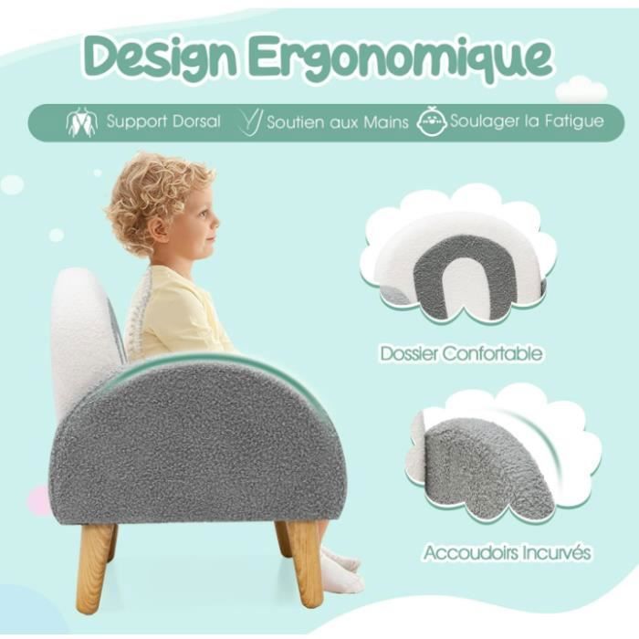 DREAMADE Fauteuil Enfant Peluche Gris – Canapé Tout-Petit Rembourré Mousse Avec Dossier & Accoudoirs – Charge 50 Kg – 3-5 Ans