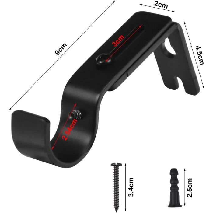 Lot De 3 Supports De Tringle à Rideaux Réglables - Métal Noir, Pour Tringle 20-25 Mm, Montage Vis Ou Collé - 3