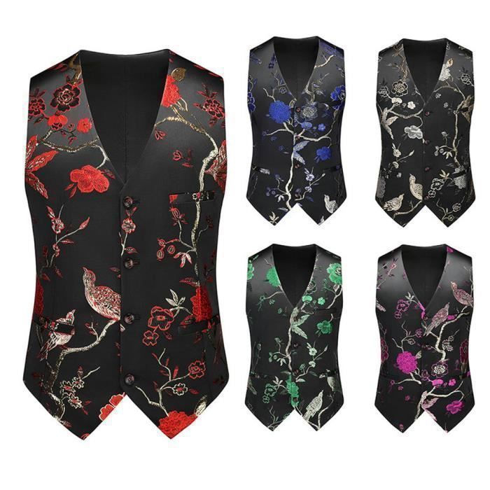 Gilet Homme Boutonné Col V Sans Manches Brodé Vintage Coton - Élégant Et Polyvalent Pour Mariage, Business Ou Quotidien