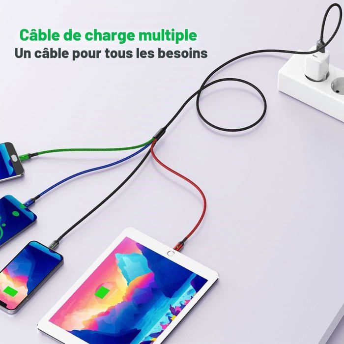 1.5M Câble De Charge Multi Usb 3A, Cordon De Chargeur 4 En 1 Avec Ports ...