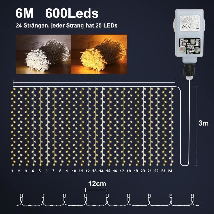 GUIRLANDE LUMINEUSE INTERIEURE 600 LEDs Rideaux Lumineux à 2 Couleurs 6m*3m  IDESION Guirlande avec Télécomm32 - Cdiscount Maison