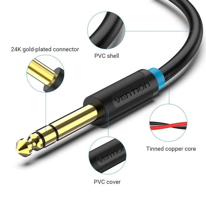Câble Audio Hi-Fi/Studio/Sono 3 Mètres – Jack 6,35 Mâle Stéréo X2 Vers 2 RCA Mâle – Grosse Section