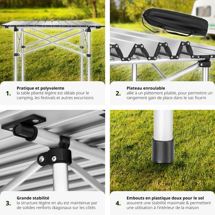 Table Pliante TecTake 3 Parties - 300x60cm - Aluminium Réglable Hauteur - Camping/Barbecue