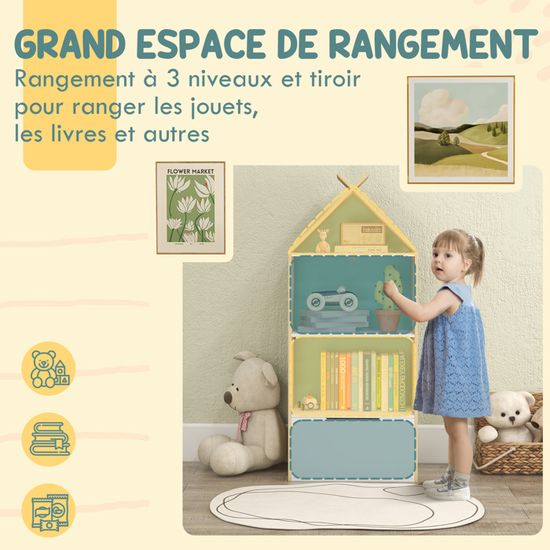 Meuble Rangement Enfant AIYAPLAY - 6 Bacs Amovibles + Coffre à Roulettes + Bibliothèque 3 Niveaux - Blanc, 80 Cm - 2