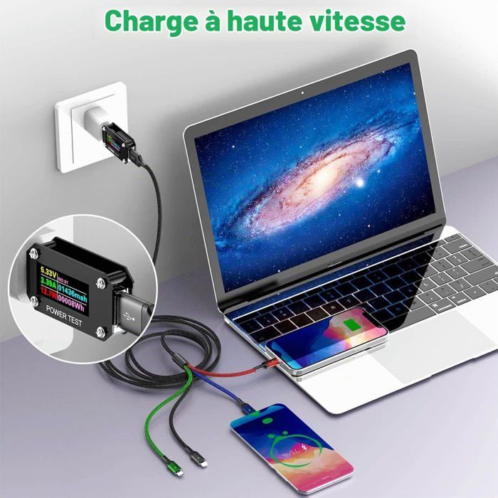 1.5M Câble De Charge Multi Usb 3A, Cordon De Chargeur 4 En 1 Avec Ports ...