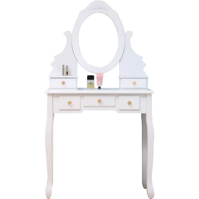 Coiffeuse blanche avec 1 miroir et 2 tiroirs - L80 x H140 cm