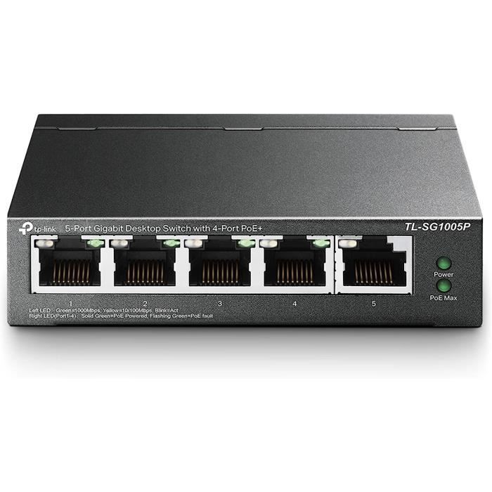 Switch PoE 5 ports Gigabit - TP-Link TL-SG1005P - 4 ports PoE+ 65W - Boitier Métal - Installation faciles