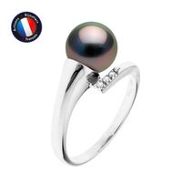 PERLINEA - Bague Véritable Perle de Culture de Tahiti Ronde 8-9 mm - Véritable Diamants - Or Blanc - Bijou Femme