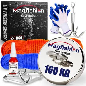 APPAT ANIMAUX Magfishion MEGA Set Aimant de Pêche Puissant - Traction 160 kg - Aimant Néodyme - 2x Corde, Grappin, Colle et mousqueton - Ø60mm