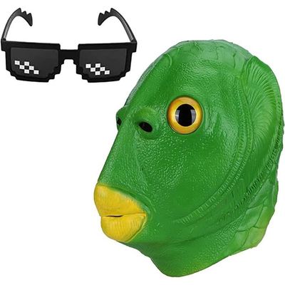 HUYIWEI Masque Poisson Vert Complet Latex - Tête De Poisson Réaliste + Lunettes Amusantes Halloween Carnaval