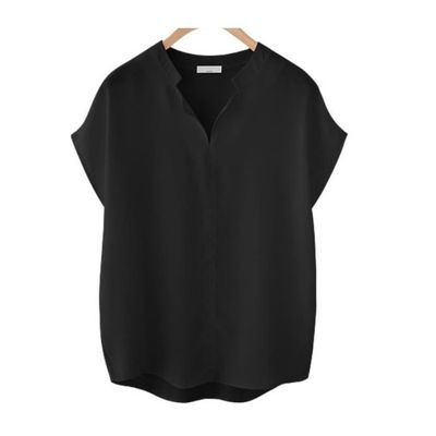 Chic Chemisier uni femme noir ete manches courte Tunique legere Blouse col V fille pas cher Noir Cdiscount Pret a Porter