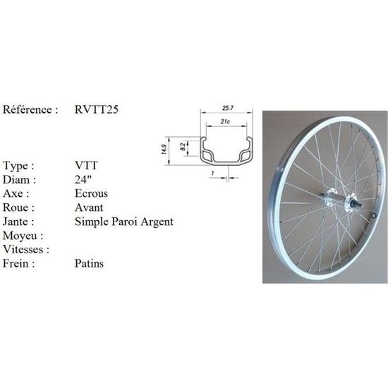 Roue vélo - Roue avant vélo - 24 Pouces - axe écrous - simple paroi - couleur argent