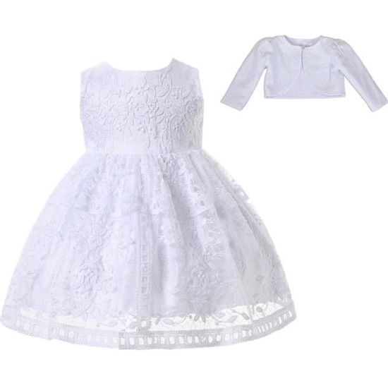 Robe De Baptême Bébé Fille En Dentelle - Col Rond, Manches Volantées - Taille 0-24 Mois - Pour Photo, Cérémonie