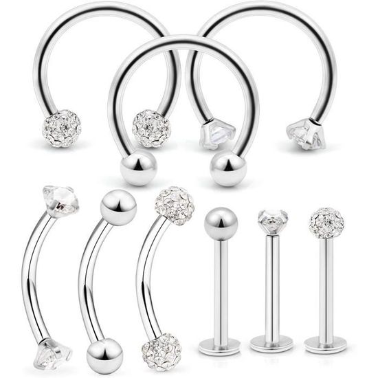 12 Piercings Labret Acier Chirurgical 16G - Pour Lèvre, Cartilage, Sourcil