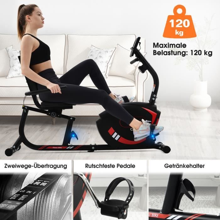 Vélo d'appartement semi-allongé Vélo Couché Magnétique 8 Niveaux de résistance-Rouge