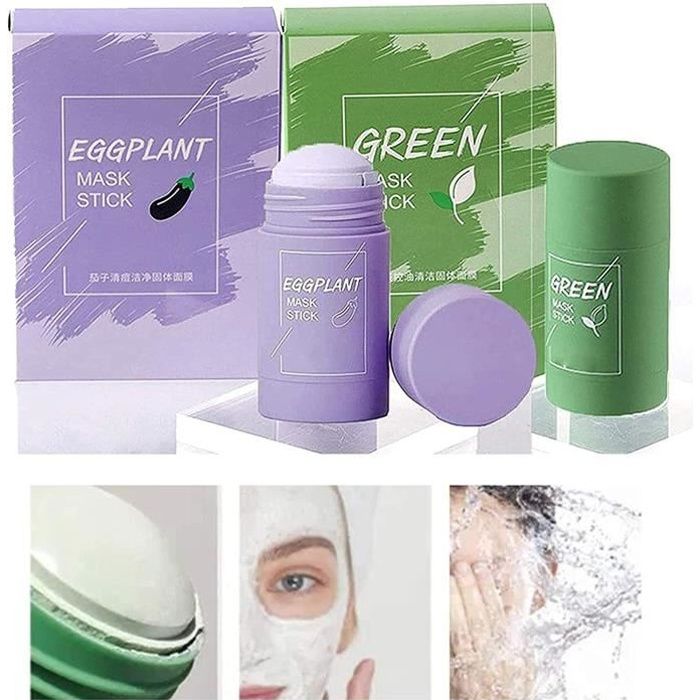 2Pcs Cleansing Facial Mask Stick for All Skin Types, Eggplant/Green Tea Purifying Clay Stick Mask, Effectively Reduce Blackheads