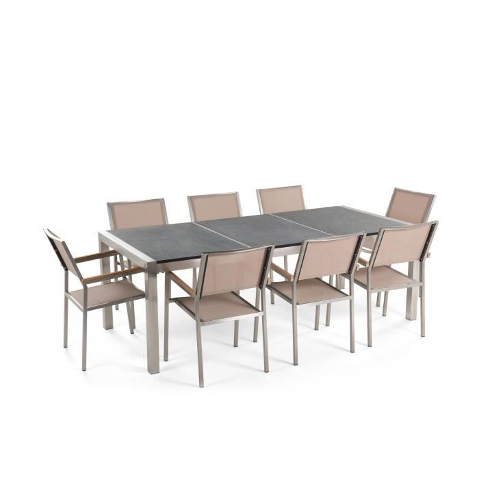 Beliani - Table de jardin acier inox plateau granit triple noir flambé 220 cm avec 8 chaises en textile beige GROSSETO