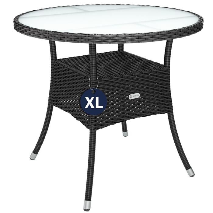Table en polyrotin surface ronde Ø 80cm noir verre balcon jardin table d'appoint