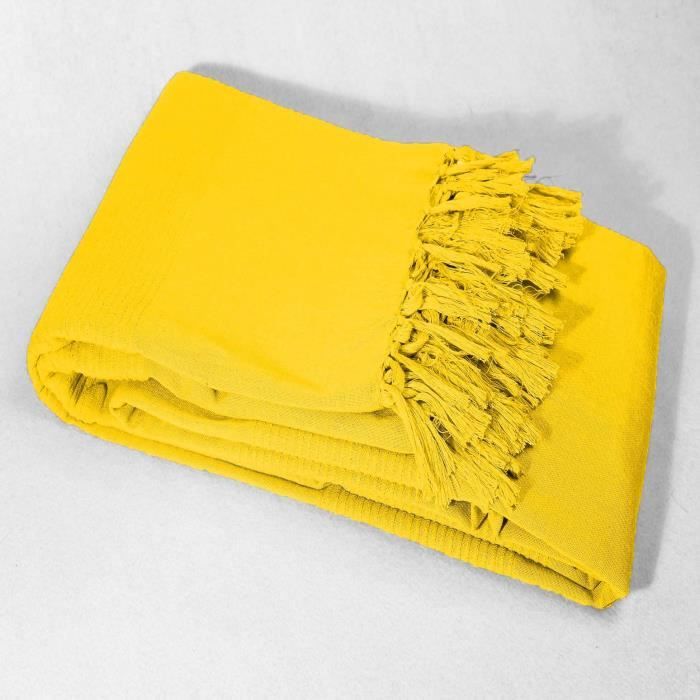 CDaffaires Jete de canape a franges 180 x 220 cm coton tisse lana Jaune