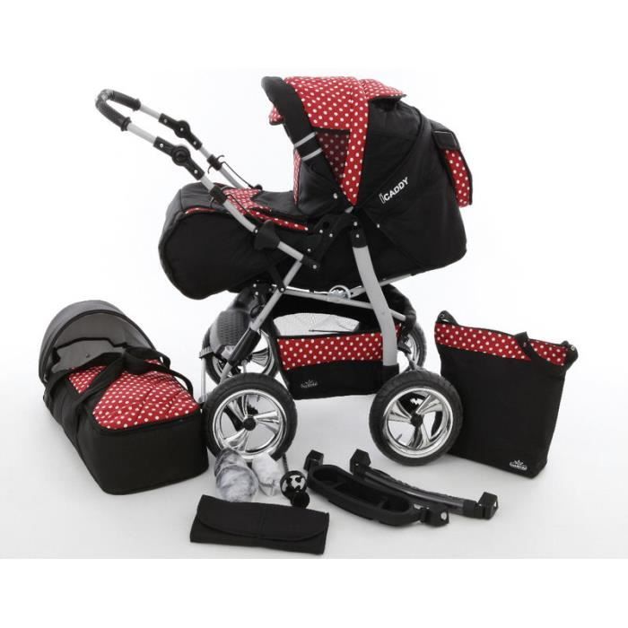Poussette Combinée iCaddy 2en1 avec Couffin Poussette Canne Sac à langer Accessoires 24 noir & rouge & points blancs
