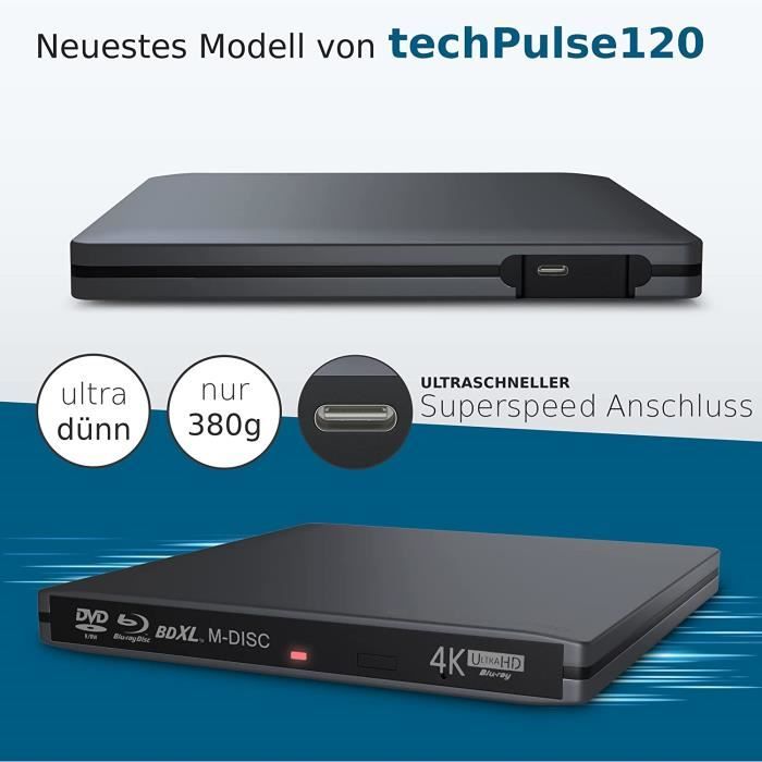 techPulse120 USB 3.1 externe Blu-ray DVD CD USB-C UHD 4k 3D M-DISC BDXL HDR10 100 Go Lecteur graveur Superdrive BD Imperator Sac de