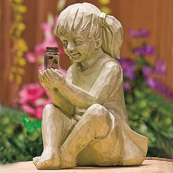 Statue de jardin de fille tenant une statue de résine de bouteille de luciole, statue de fille, décoration de sculpture extérieure d