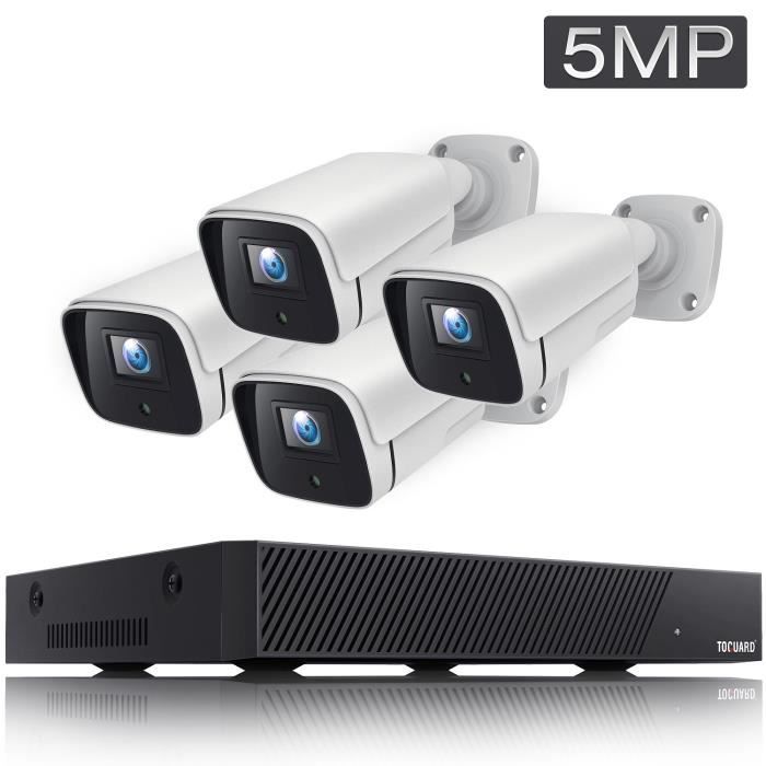 TOGUARD Kit de Caméra Surveillance 4pcs 5MP 2K POE Camera+1*8CH Enregistreur NVR,Extérieure Sécurité Video Caméra