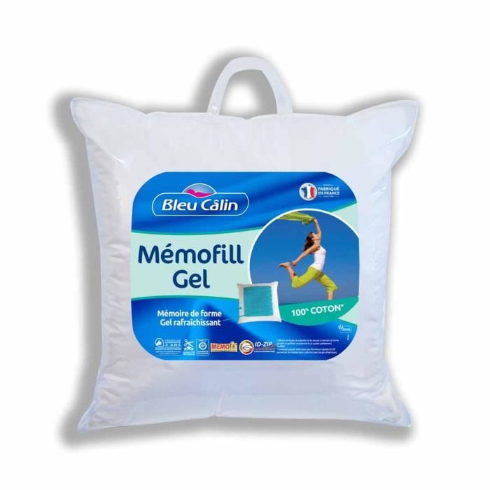 BLEU CALIN Oreiller à mémoire de forme Mémofill avec gel rafraîchissant - 100% coton percale - 60 x 60 cm