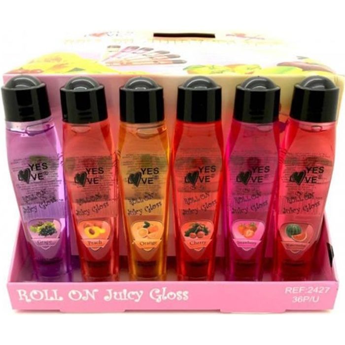 Lot de 6 Gloss Roll on Fruite Parfum Cerise / Fraise / Melon / Raisin / Pêche / Orange - Juicy Gloss Brillant a levres
